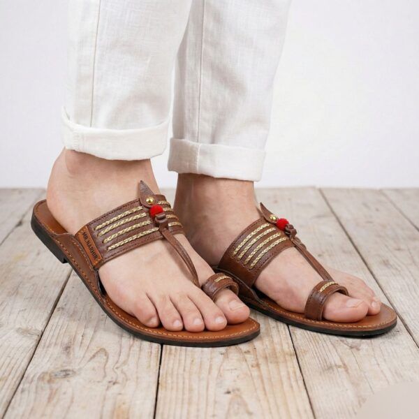 Premium Soft Leather Chappal for Men (Tan + Golden Braids)